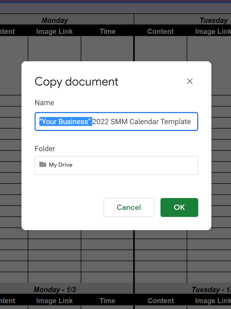Make a copy popup